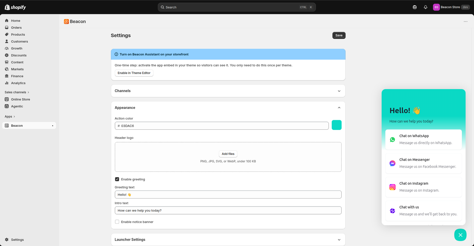 Beacon's settings screen in the Shopify admin, showing appearance and channel controls
