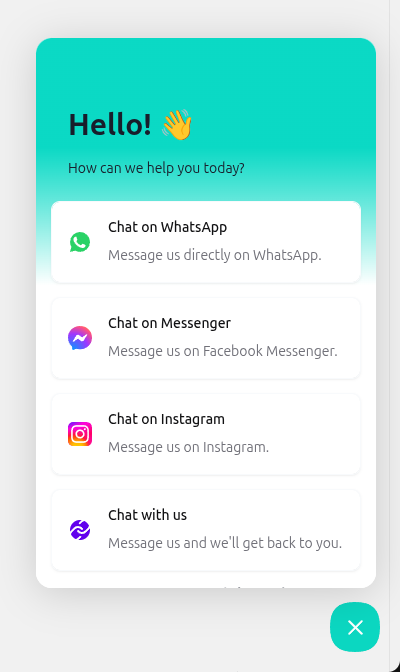 Beacon's launcher panel listing WhatsApp, Messenger, Instagram, and a custom chat channel